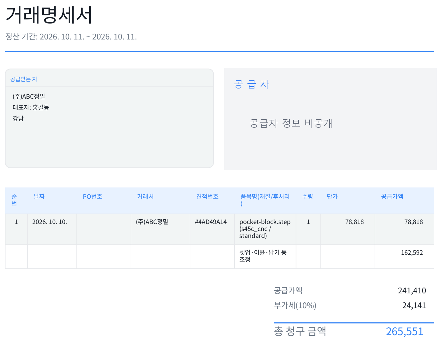 공급자 정보를 비식별 처리한 실제 거래명세서 샘플
